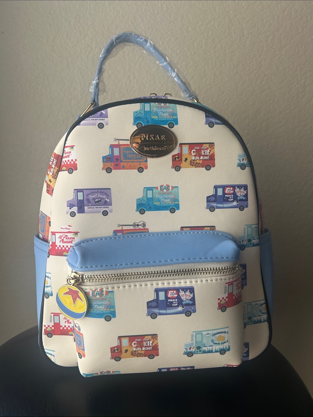 Mini Food Truck Print Mini Backpack - Cream & Light Blue